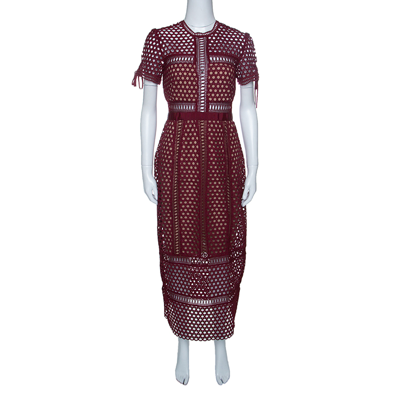 Self Portrait Burgundy Embroidered Lace Column Midi Dress M Self Portrait Tlc