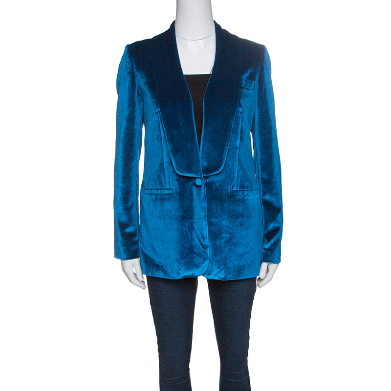 Pre Owned Self Portrait Peacock Blue Velvet Tailored Blazer S