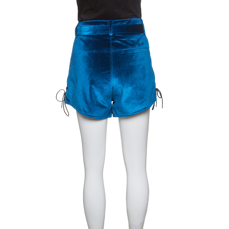 Pre-owned Self-portrait Self Portrait Peacock Blue Velvet Lace-up Cuff Belted High Waist Shorts S