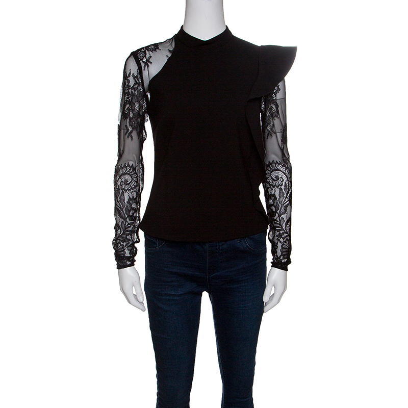 Pre Owned Self Portrait Black Knit Lace Sleeved Ruffled Ophelia Blouse S