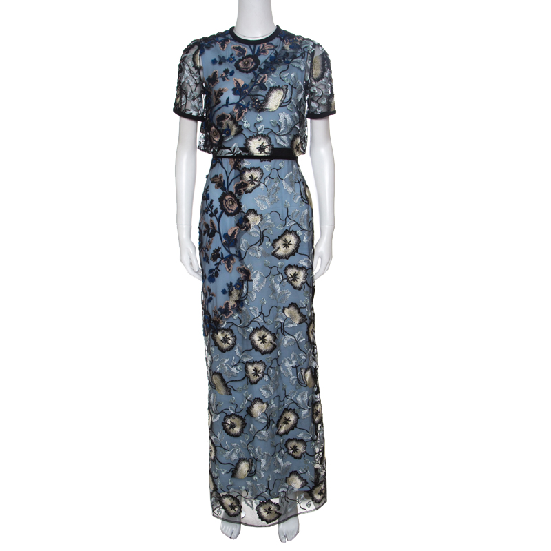 Self Portrait Blue Floral Embroidered Layered Florentine Maxi Dress S Self Portrait Tlc