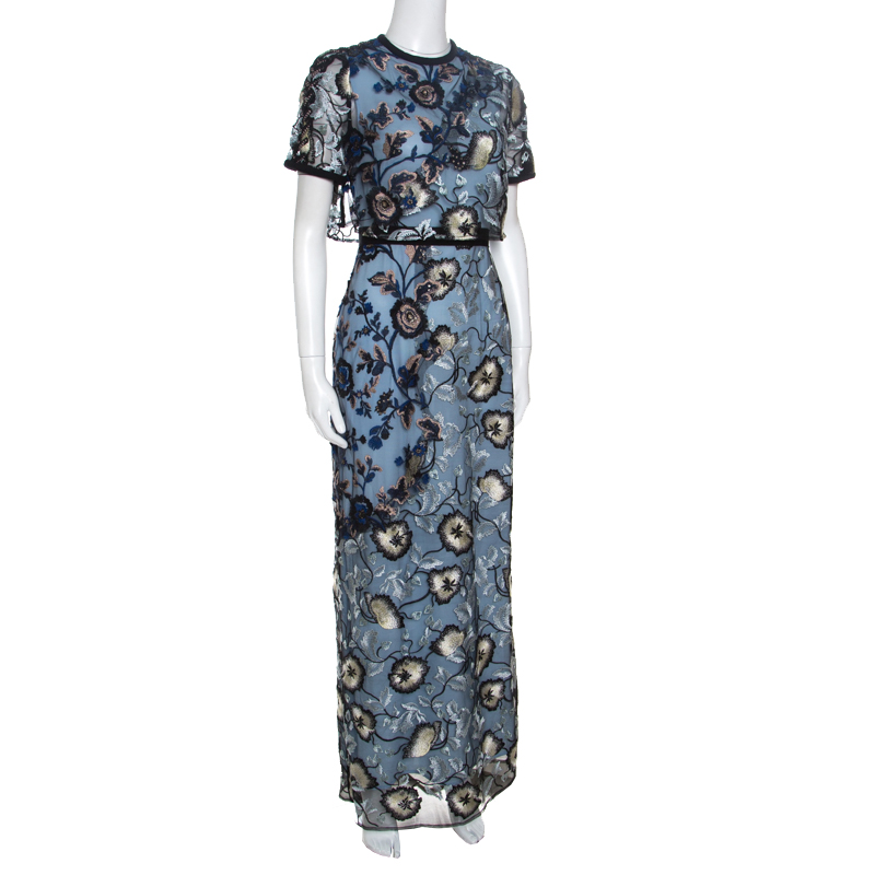 

Self Portrait Blue Floral Embroidered Layered Florentine Maxi Dress