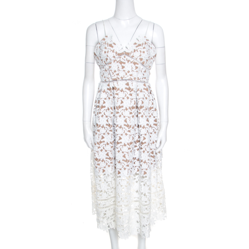 Pre Owned Self Portrait White Floral Guipure Lace Noodle Strap Azaelea Midi Dress M