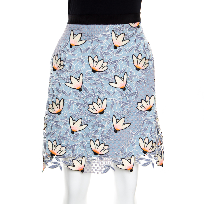 Pre Owned Self Portrait Dove Grey Floral Cutout Embroidered Guipure Lace Skirt S