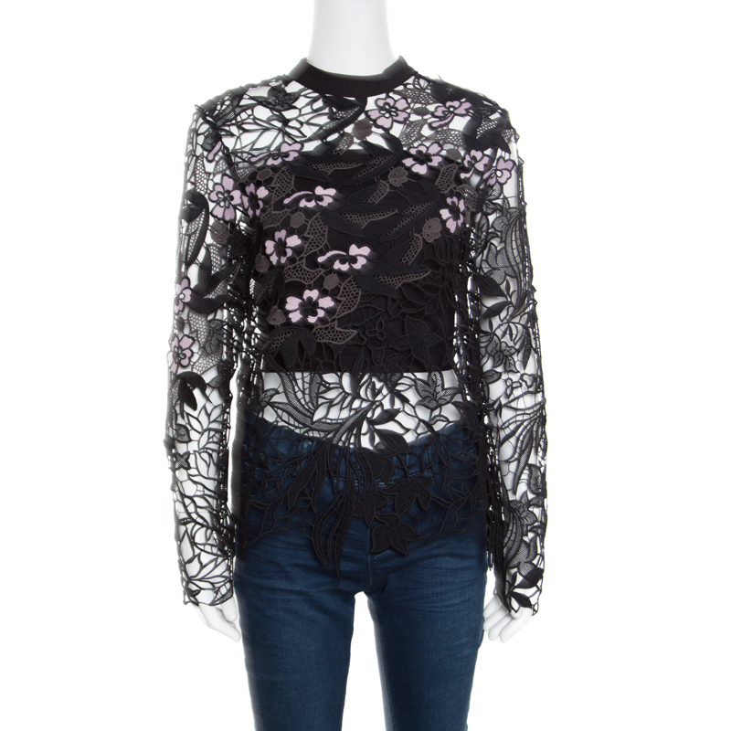 مملوكة مسبقًا Self Portrait Black Vine Guipure Sheer Lace Blouse M