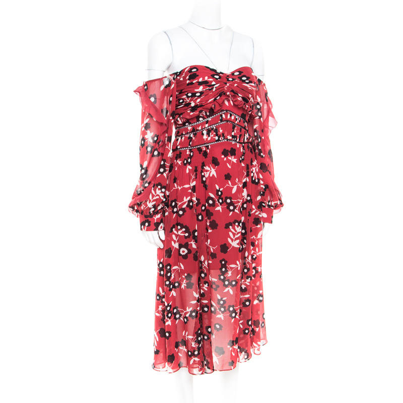 

Self Portrait Red and Black Floral Printed Lace Insert Off Shoulder Dress