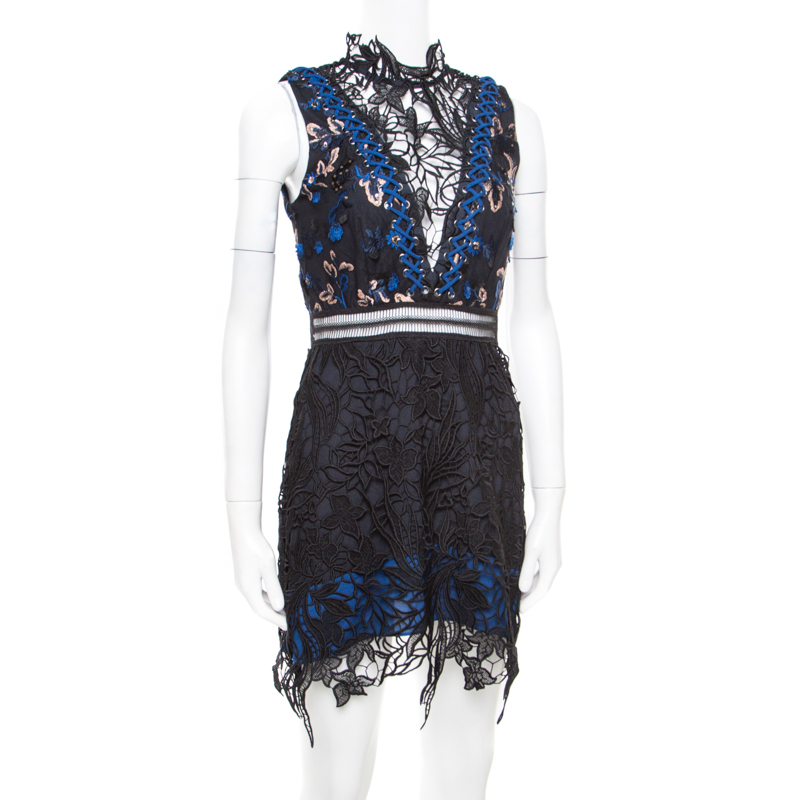 

Self Portrait Black and Blue Floral Sequined Guipure Lace Sleeveless Clementine Mini Dress