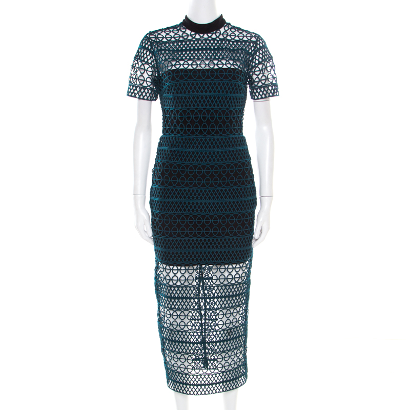 Pre Owned Self Portrait Teal Green Embroidered Lace Column Midi Dress M