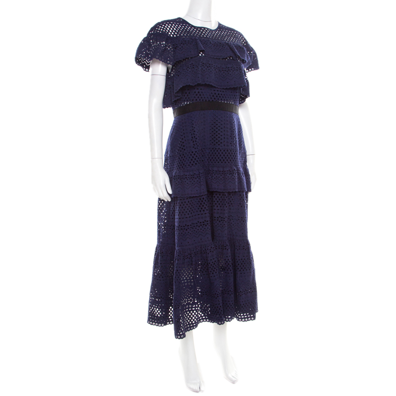 

Self Portrait Navy Blue Cotton Tiered Floral Broderie Anglaise Midi Dress