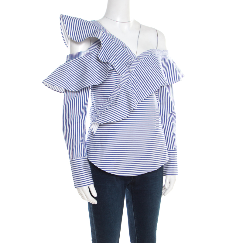 

Self Portrait Blue and White Striped Ruffle Detail Off Shoulder Asymmetric Shirt