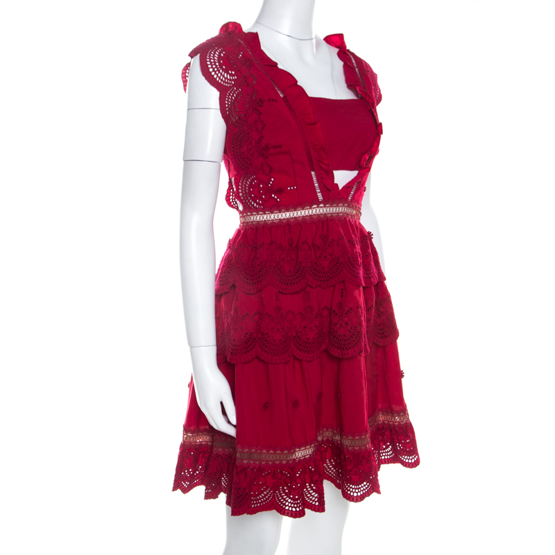 

Self Portrait Red Crepe Eyelet Embroidered Tiered Sleeveless Peplum Dress