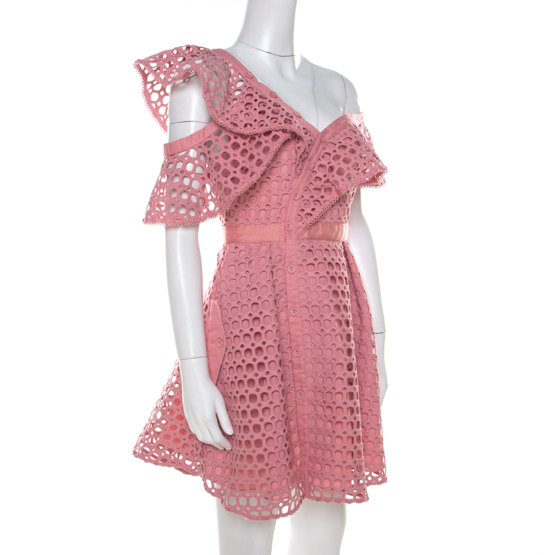 

Self-Portrait Pink Guipure Lace Asymmetric Cold Shoulder Fit and Flare Mini Dress