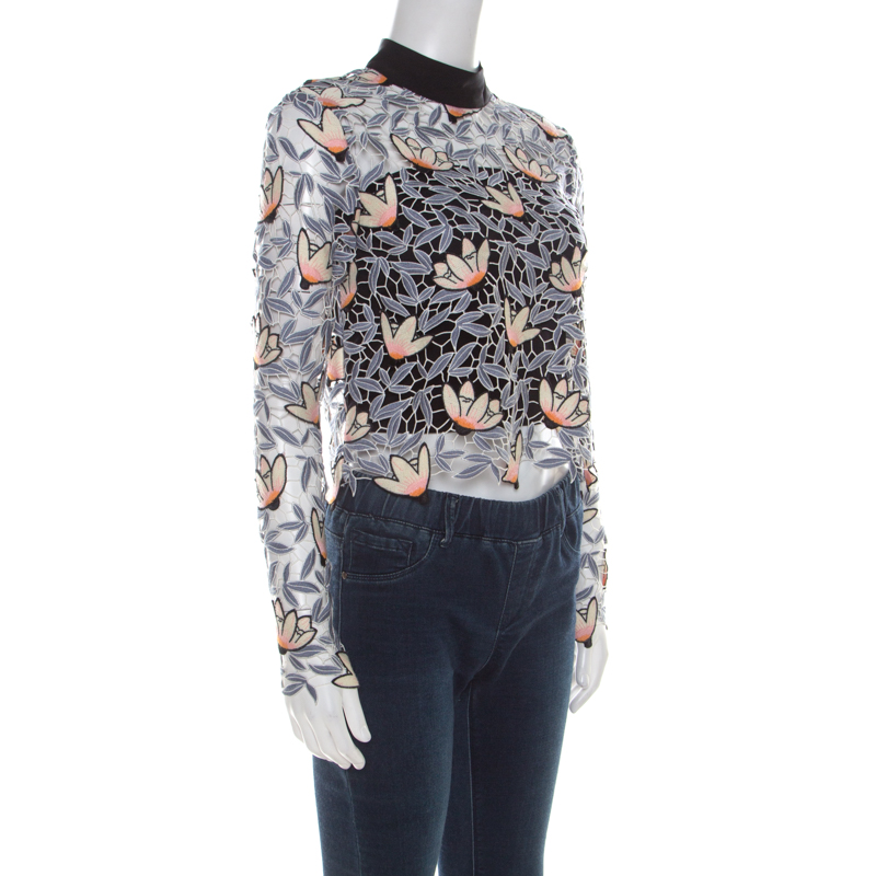 

Self Portrait Dove Grey Floral Embroidered Cutout Guipure Lace Cropped Peony Blouse