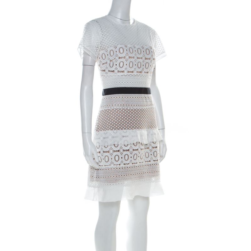 

Self Portrait White Oblique Lace Contrast Waist Trim Mini Dress