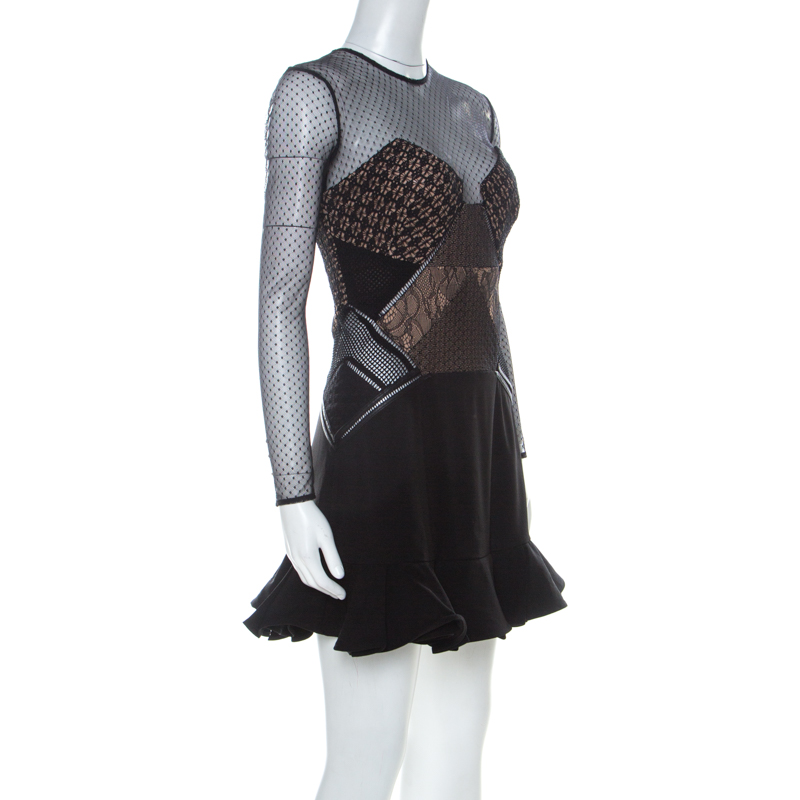 

Self Portrait Black Crepe and Lace Ruffle Detail Paneled Dress