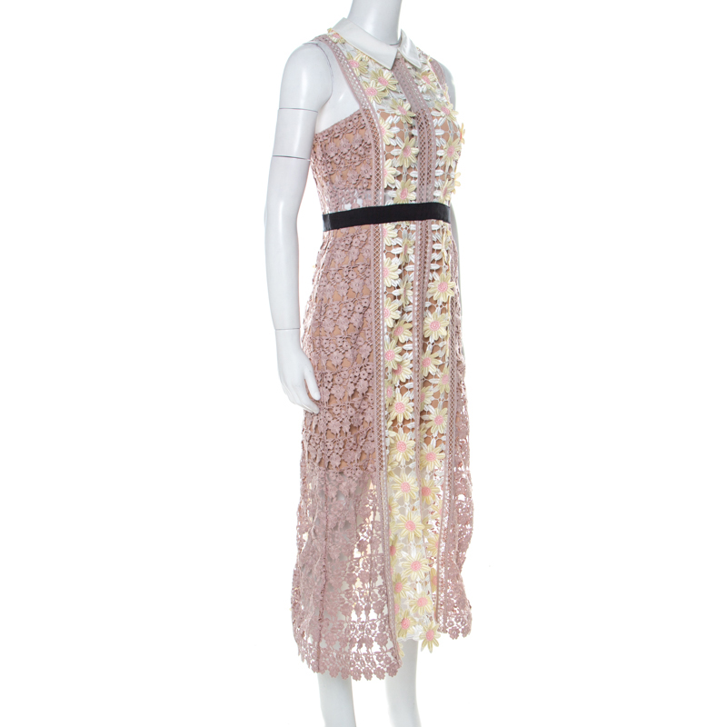 

Self Portrait Pink-Beige & Yellow Floral Guipuire Lace Peter-Pan Collar Midi Dress