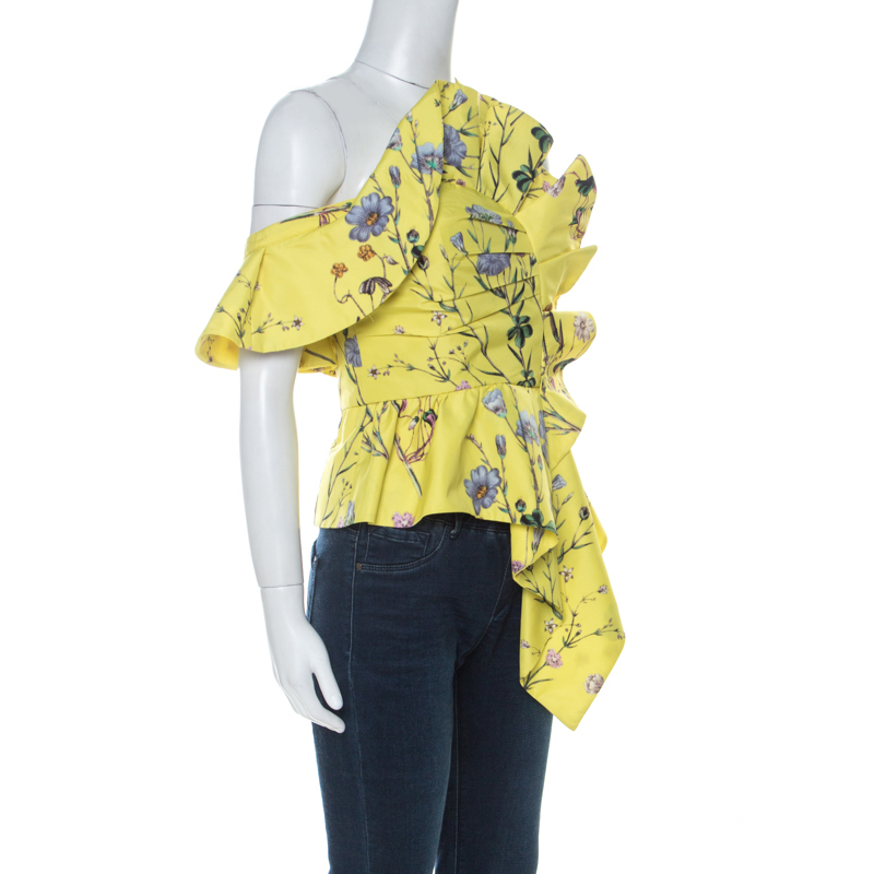 

Self-Portrait Yellow Floral Print Crepe Asymmetric Peplum Top