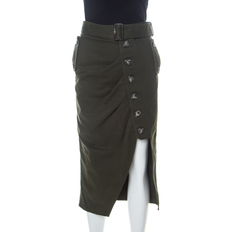 Pre Owned Self Portrait Green Stretch Cotton Asymmetric Belted Midi Skirt S