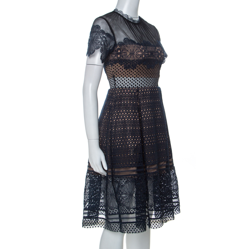 

Self Portrait Navy Blue Mesh Yoke Guipure Lace Fit & Flare Felicia Dress