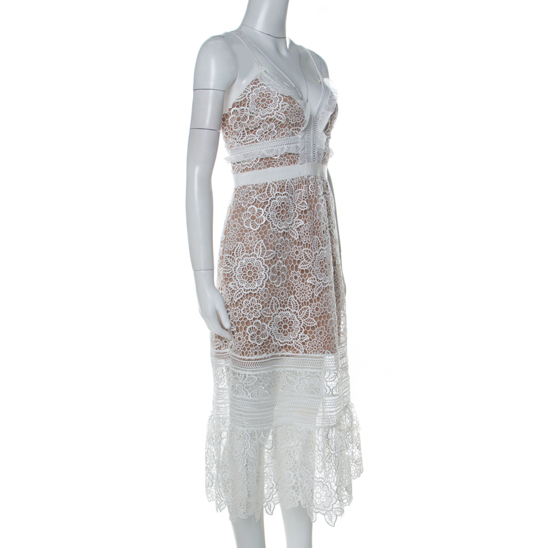 

Self Portrait White Guipure Lace Sheer Ruffled Hem Floral Blush Midi Dress