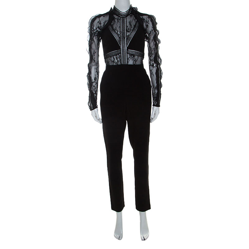 Pre Owned Self Portrait Black Stretch Knit and Lace Bodice Fitted Jumpsuit S