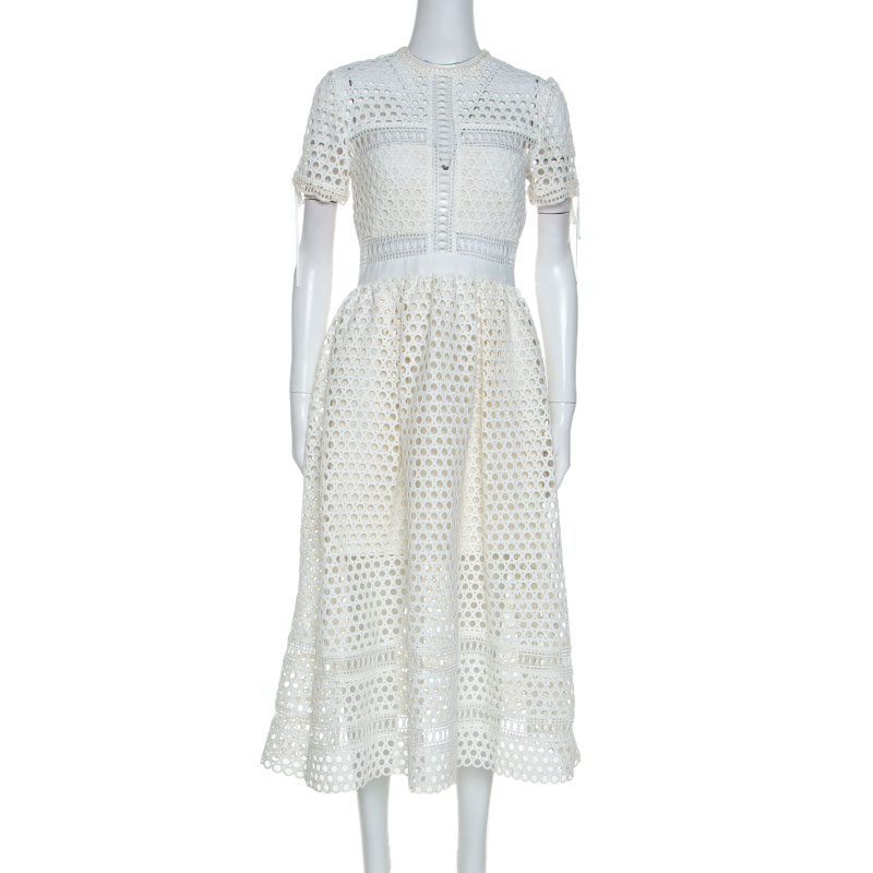 مملوكة مسبقًا Self-Portrait White Crochet Knit Midi Dress M