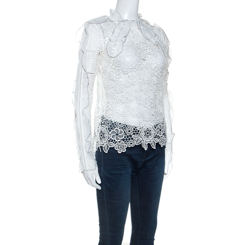 

Self Portrait White Cutout Ruffle Detail Guipure Lace Top