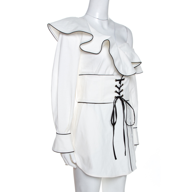 

Self Portrait White Cotton One Shoulder Corset Belted Mini Dress