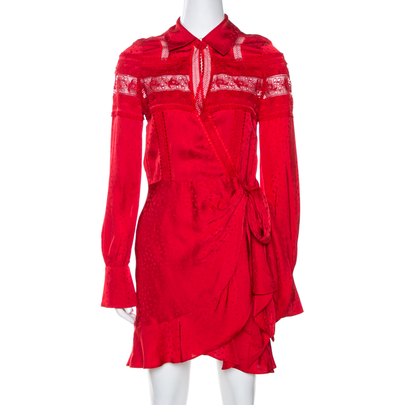 Self-Portrait Red Satin Jacquard Lace Trim Wrap Dress S