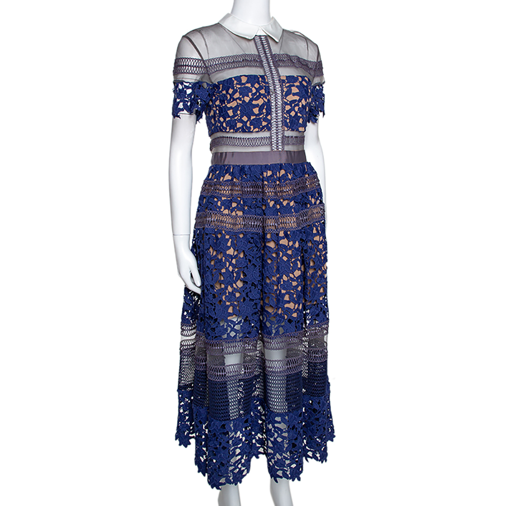 

Self Portrait Blue Guipure Lace & Mesh Paneled Liliana Midi Dress