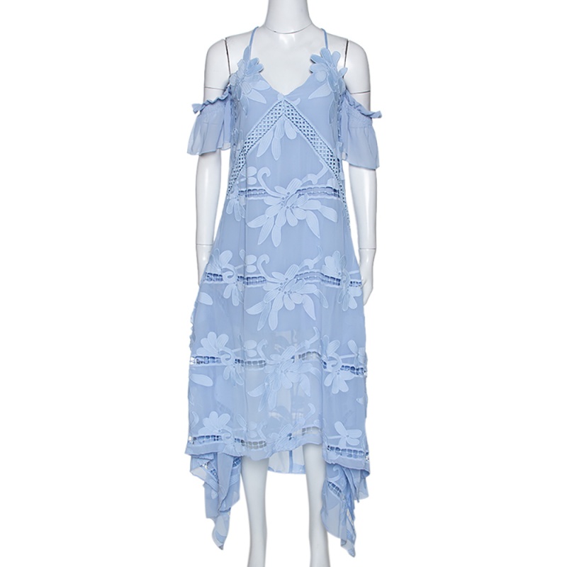 Pre Owned Self Portrait Lilac Blue Guipure Lace Cold Shoulder Midi Dress L