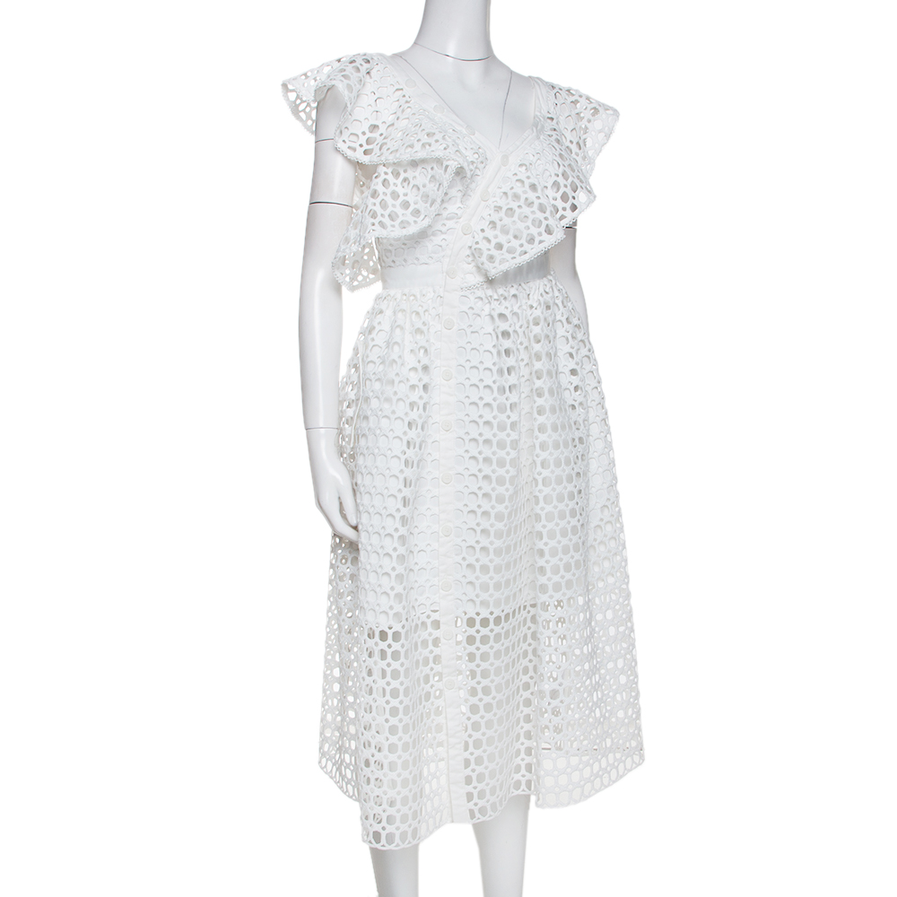 

Self Portrait White Crochet Lace One Shoulder Ruffled Midi Dress