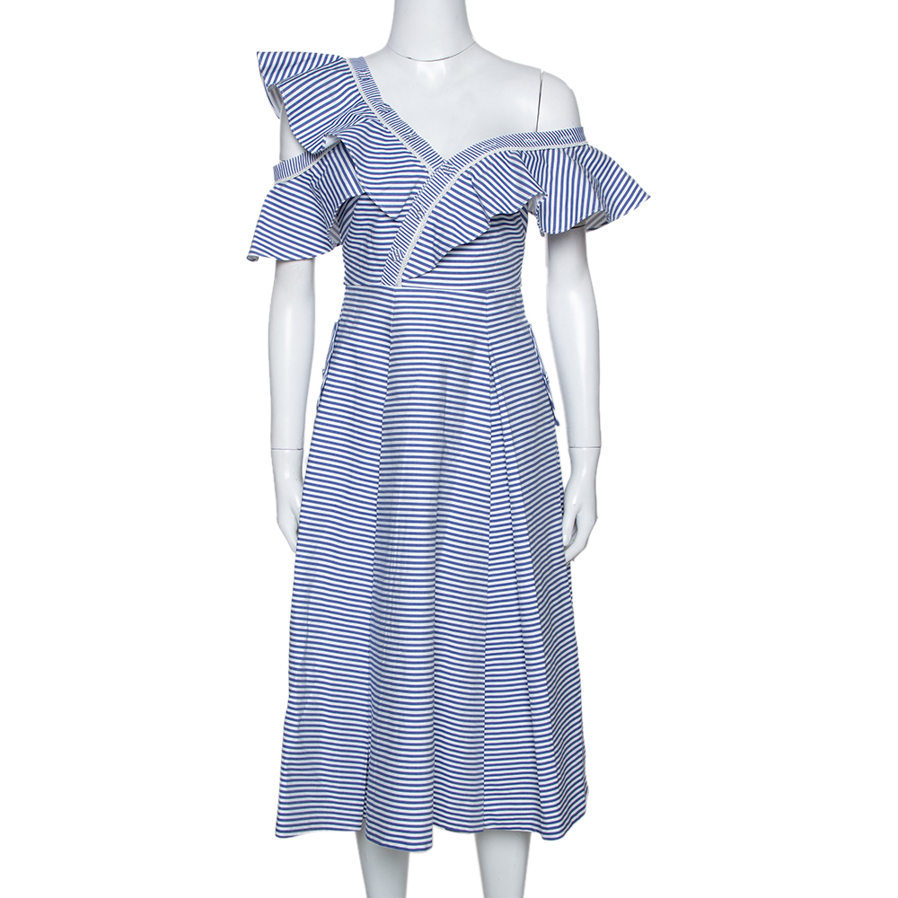 Self Portrait Blue Striped Cotton Asymmetric Flared Dress S