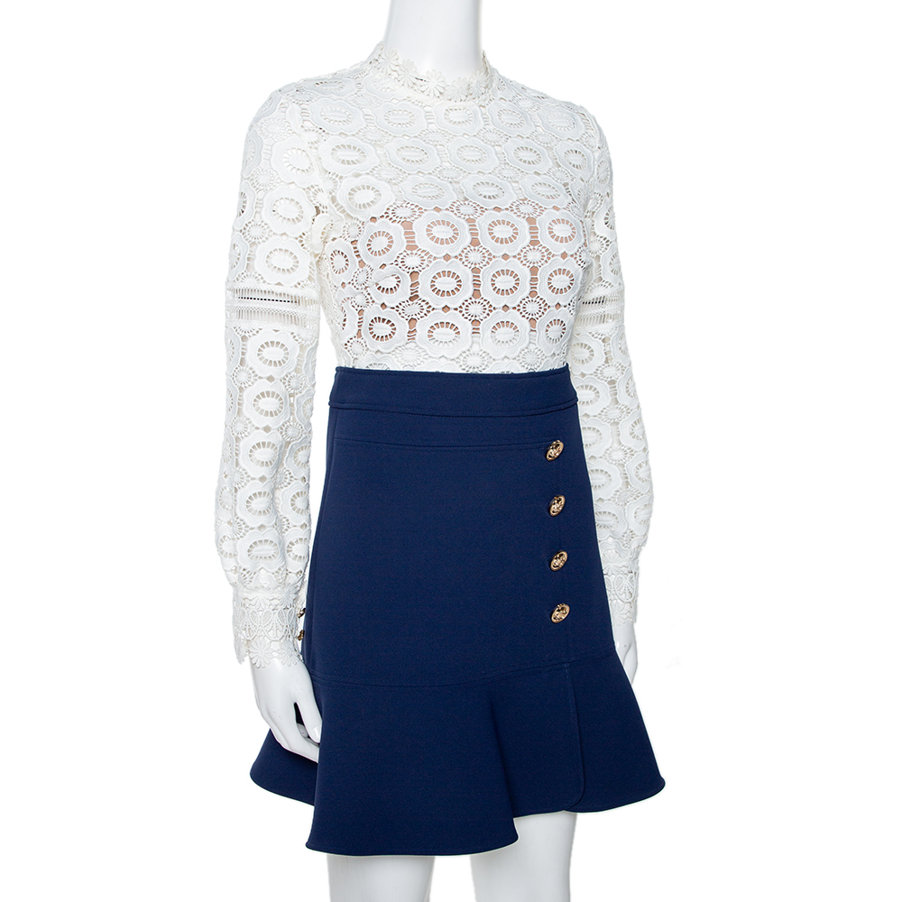 

Self-Portrait White & Navy Guipure Lace Cutout Back Combo Dress, Navy blue