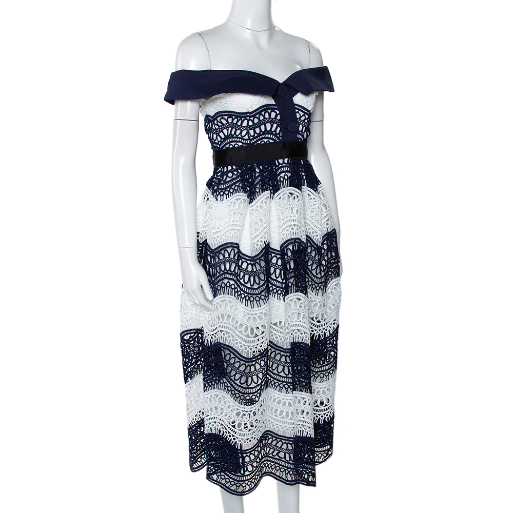 

Self Portrait Navy Blue & White Wave Guipure Lace Off Shoulder Dress