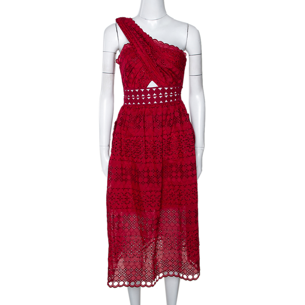 Pre Owned فستان سيلف بورتريت كتف واحد دانتيل مطرز أحم داكن مقاس صغير (سمول)