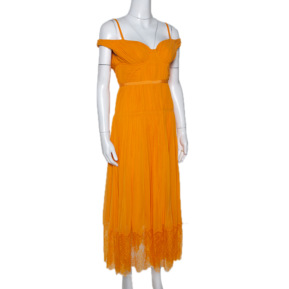 

Self Portrait Orange Pleated Chiffon Off Shoulder Dress