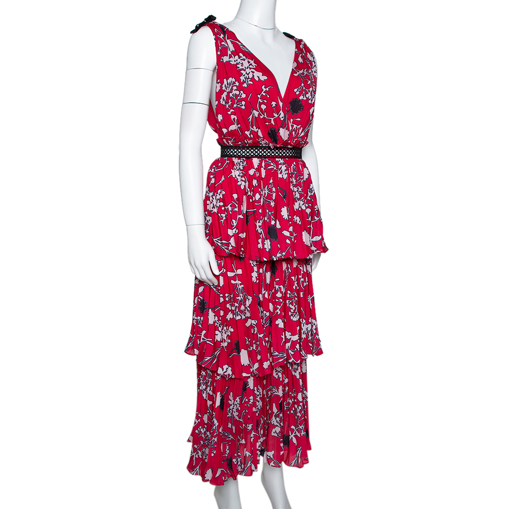 

Self-Portrait Hibiscus Red Floral Print Crepe Pleated Midi Dress