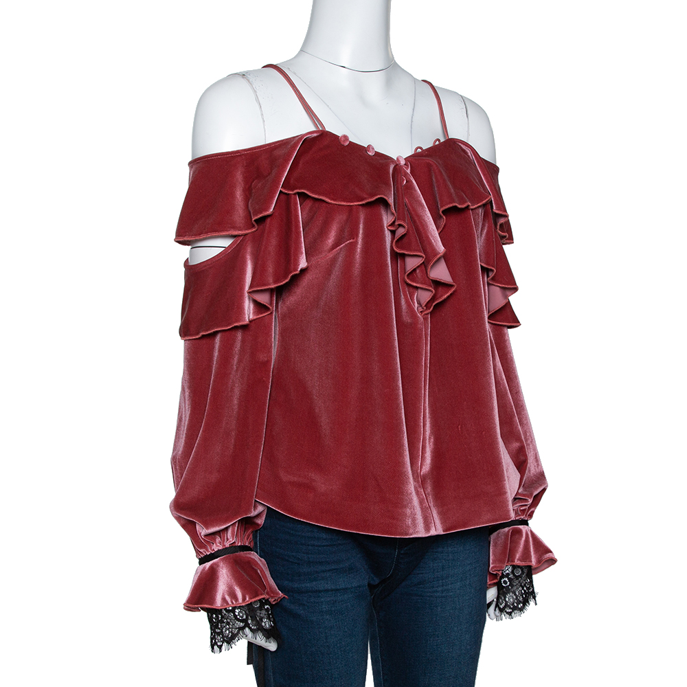 

Self-Portrait Pink Velvet Ruffled Off Shoulder Top