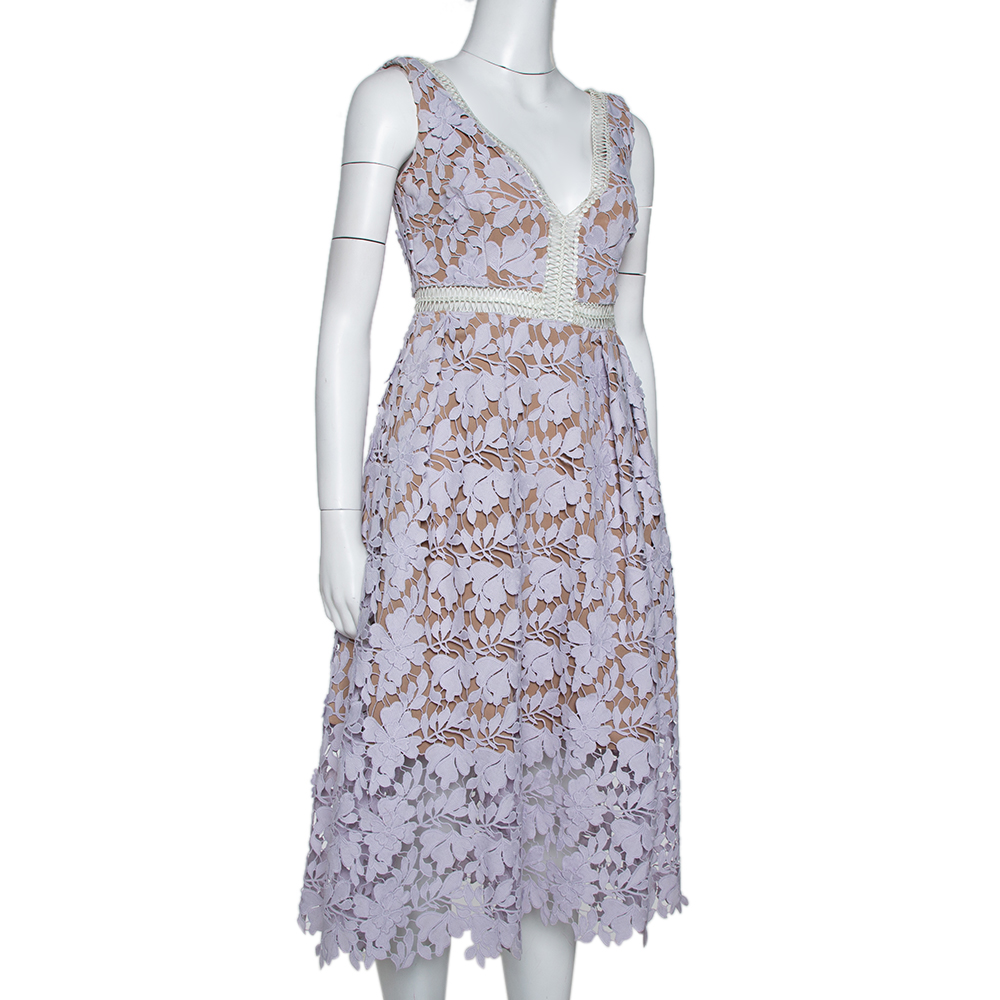 

Self Portrait Pale Lilac Guipure Lace Sleeveless Midi Dress, Purple