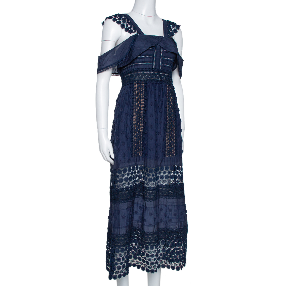 

Self-Portrait Navy Blue Lace Paneled Bluebell Midi Dress