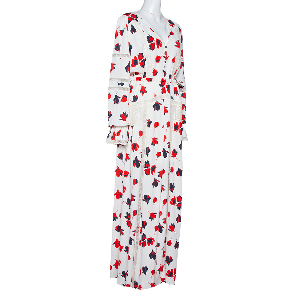 

Self Portrait White Floral Print Crepe Flared Maxi Dress