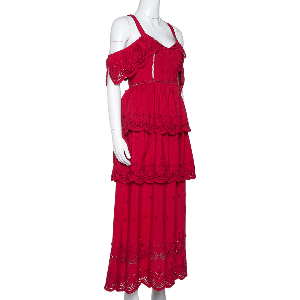 

Self-Portrait Raspberry Red Lace Tiered Off Shoulder Dress