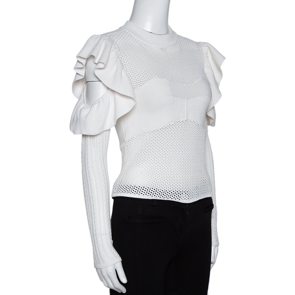 

Self Portrait White Eyelet Knit Frill Cold Shoulder Top