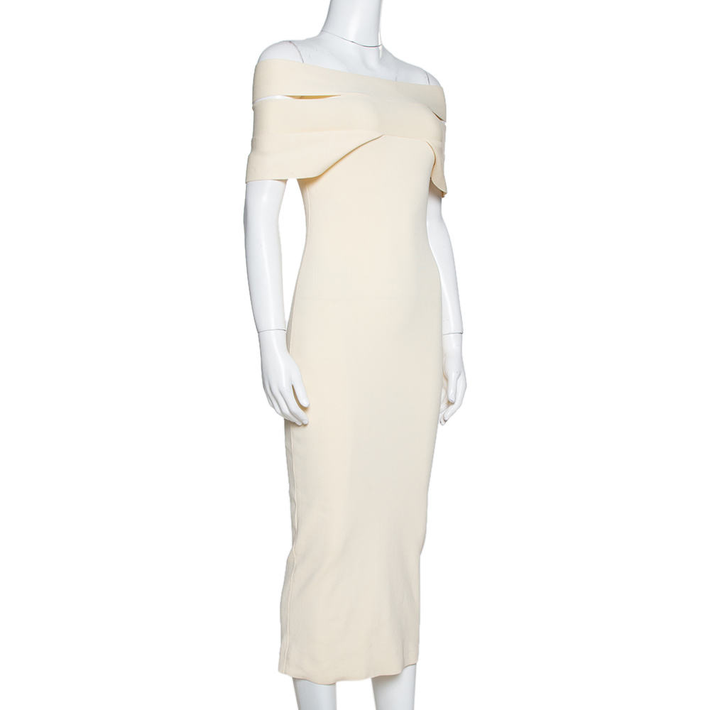 

Self-Portrait Cream Knit Wrapped Off Shoulder Bodycon Dress