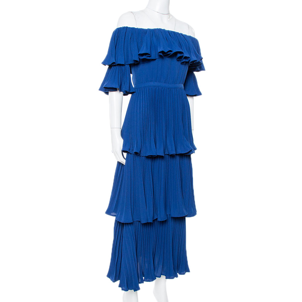 

Self Portrait Navy Blue Crepe Pleated Tiered Off Shoulder Dress