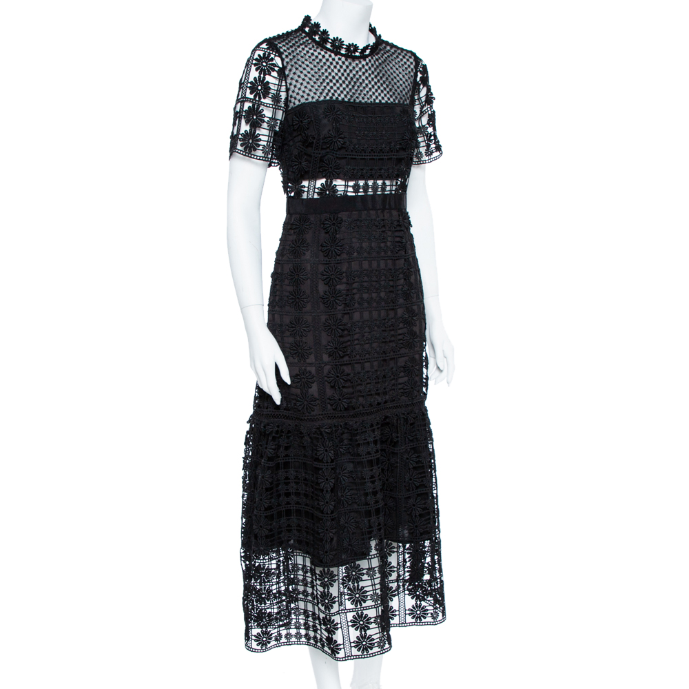 

Self-Portrait Black Floral Lattice Lace Midi Dress