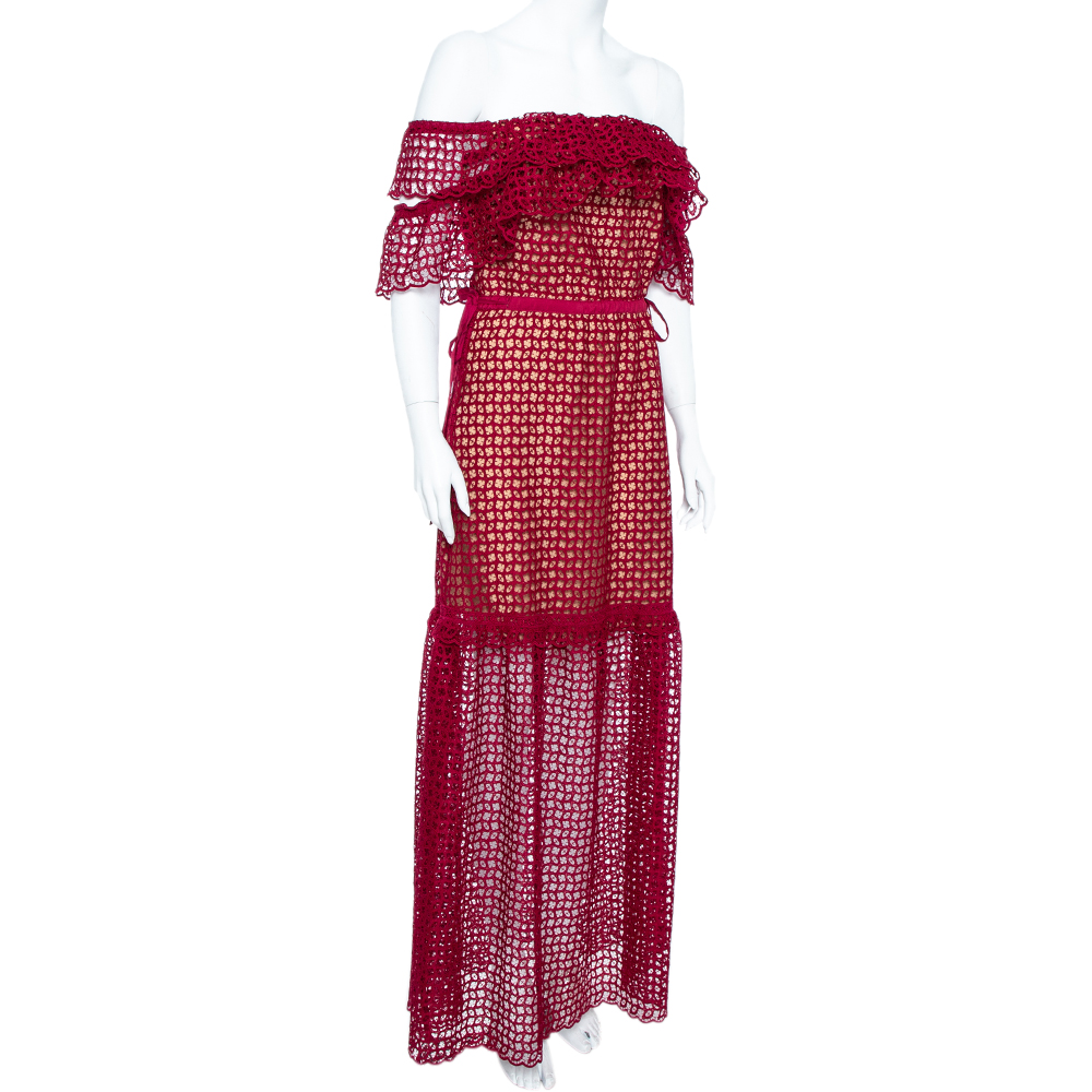 

Self- Potrait Crimson Red Guipure Lace Off-Shoulder Maxi Dress