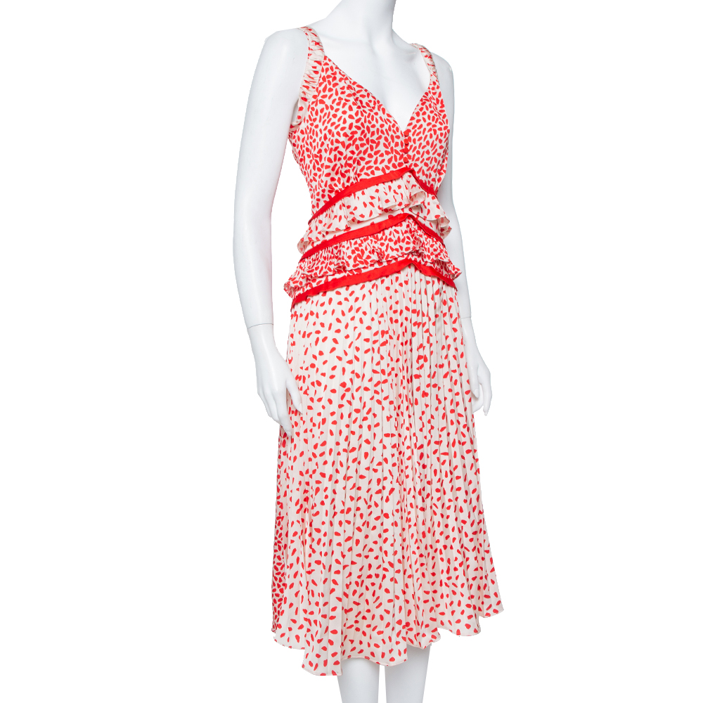 

Self Portrait Cream & Red Dot Printed Satin Ruffle Detail Midi Dress