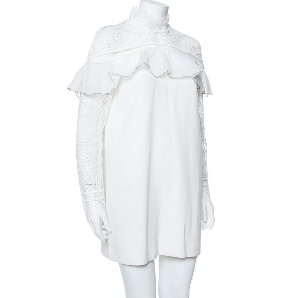 

Self Portrait White Lace & Knit Pleated Detail Military Cape Dress